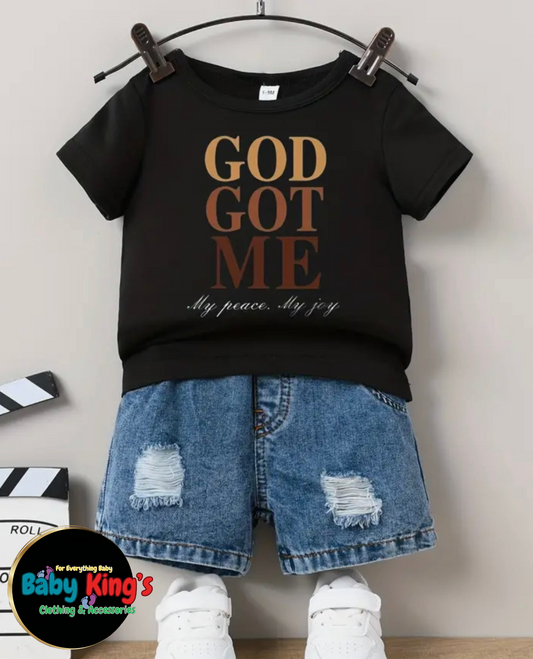Boys 2pcs God Got Me T-Shirt & Denim Shorts