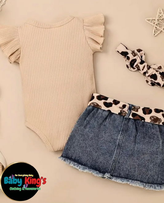 Girl’s Short Sleeve Leopard Romper Blouse w/ Jeans Skirt & Headband