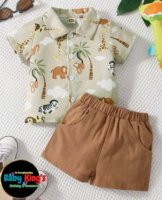 Boys 2pcs Short Sleeve Animal Print Shirt & Shorts