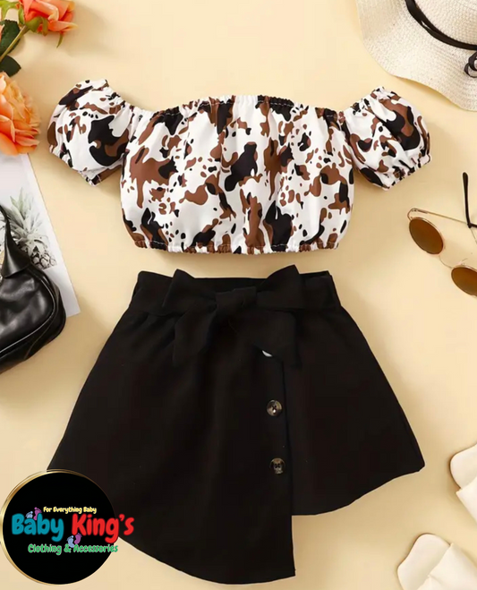 Girls Off-The-Shoulder Camouflage Top & Bow Belted Skirt