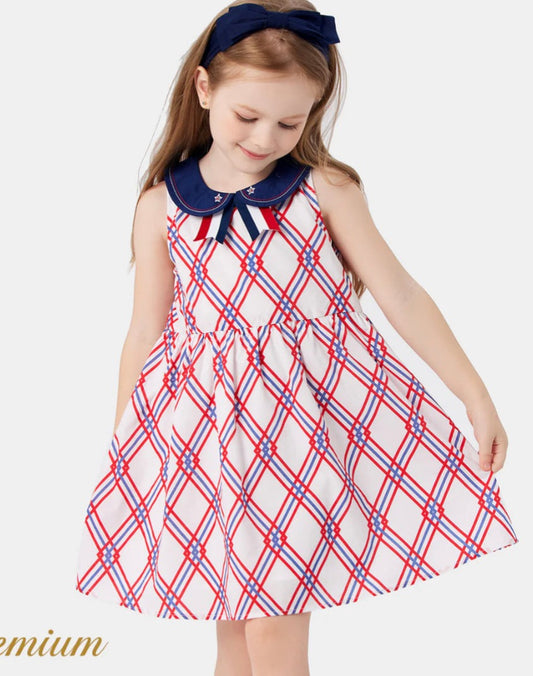 Toddler Girl 100% Cotton Allover Print Contrast Peter Pan Collar Sleeveless Dress Premium