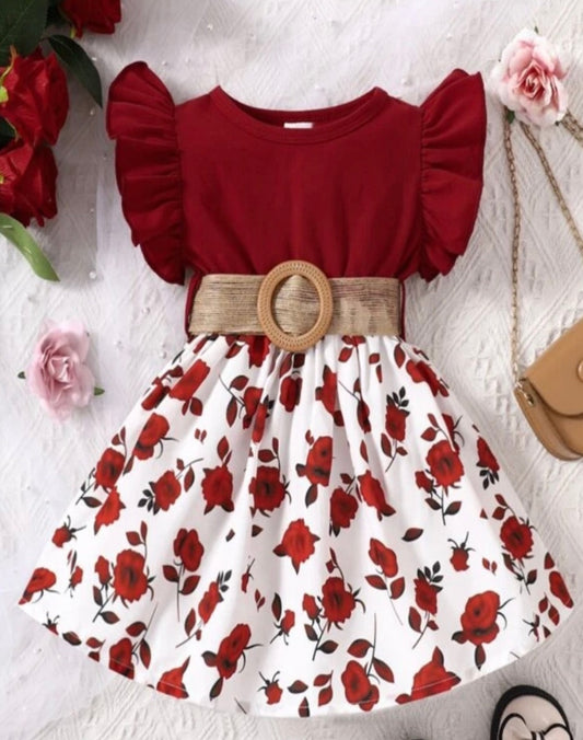 Baby Girls’ Floral Elegant Formal and Casual Wear with Ribbon Belt