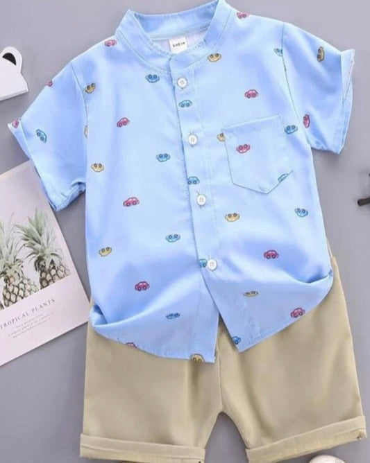 Boys 2Pcs Button Car Printed Shirt with Shorts