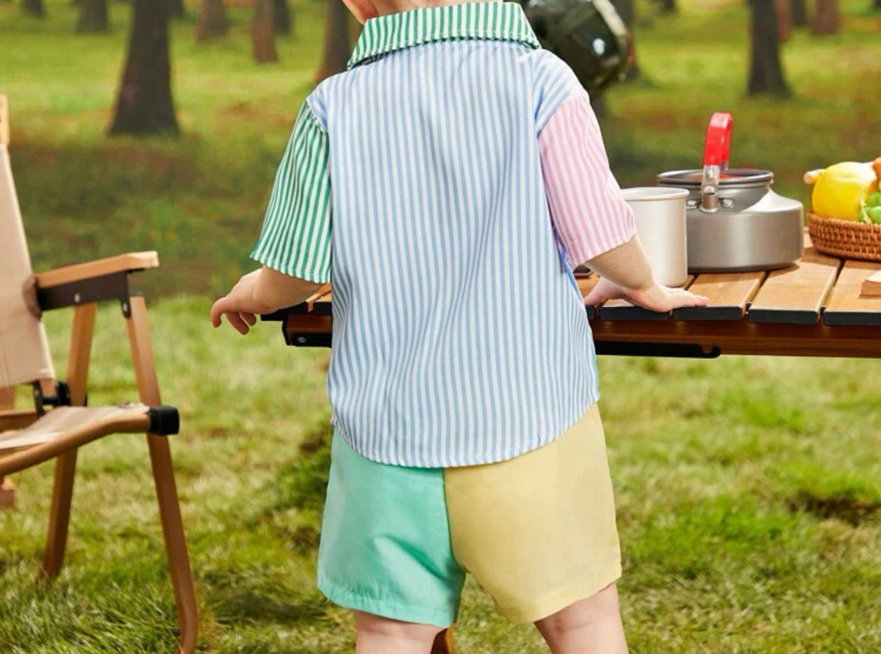 Boys Button Front Striped Active Fashion Shirt & Shorts