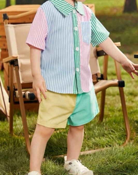 Boys Button Front Striped Active Fashion Shirt & Shorts