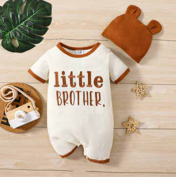 2pcs Baby Boy Letter Embroidered Waffled Textured Short-sleeve Jumpsuit & Hat Set