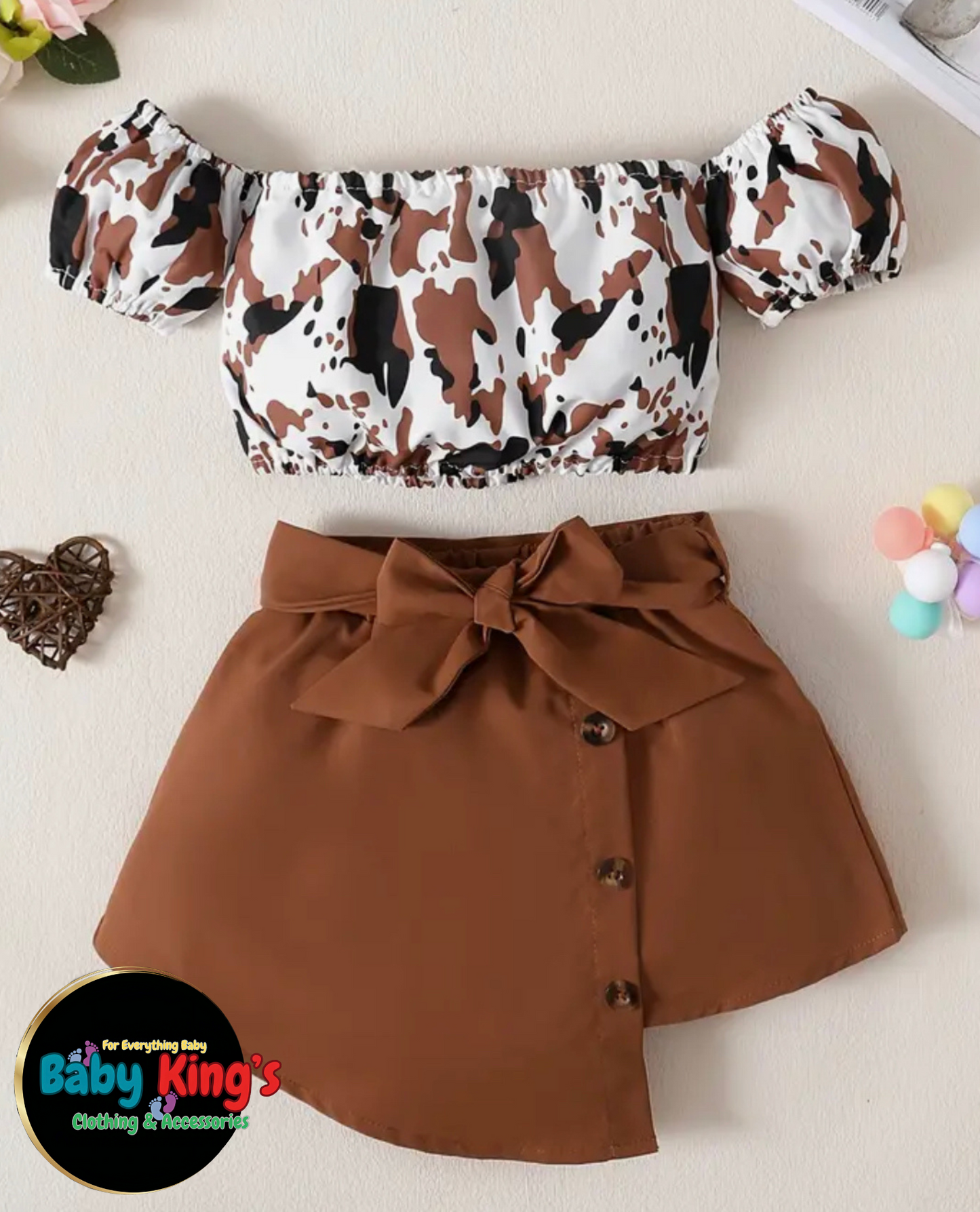 Girls Off-The-Shoulder Camouflage Top & Bow Belted Skirt