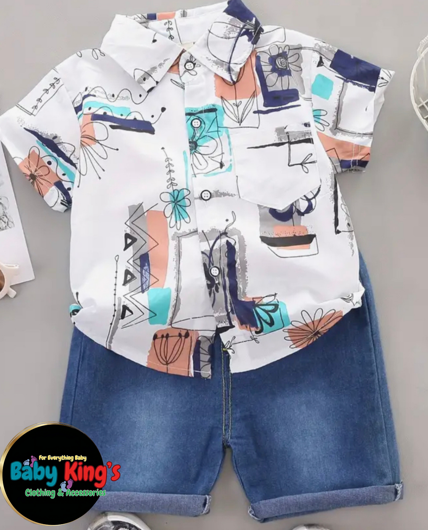 Boys 2pcs Geo Print Short Sleeve & Denim Shorts