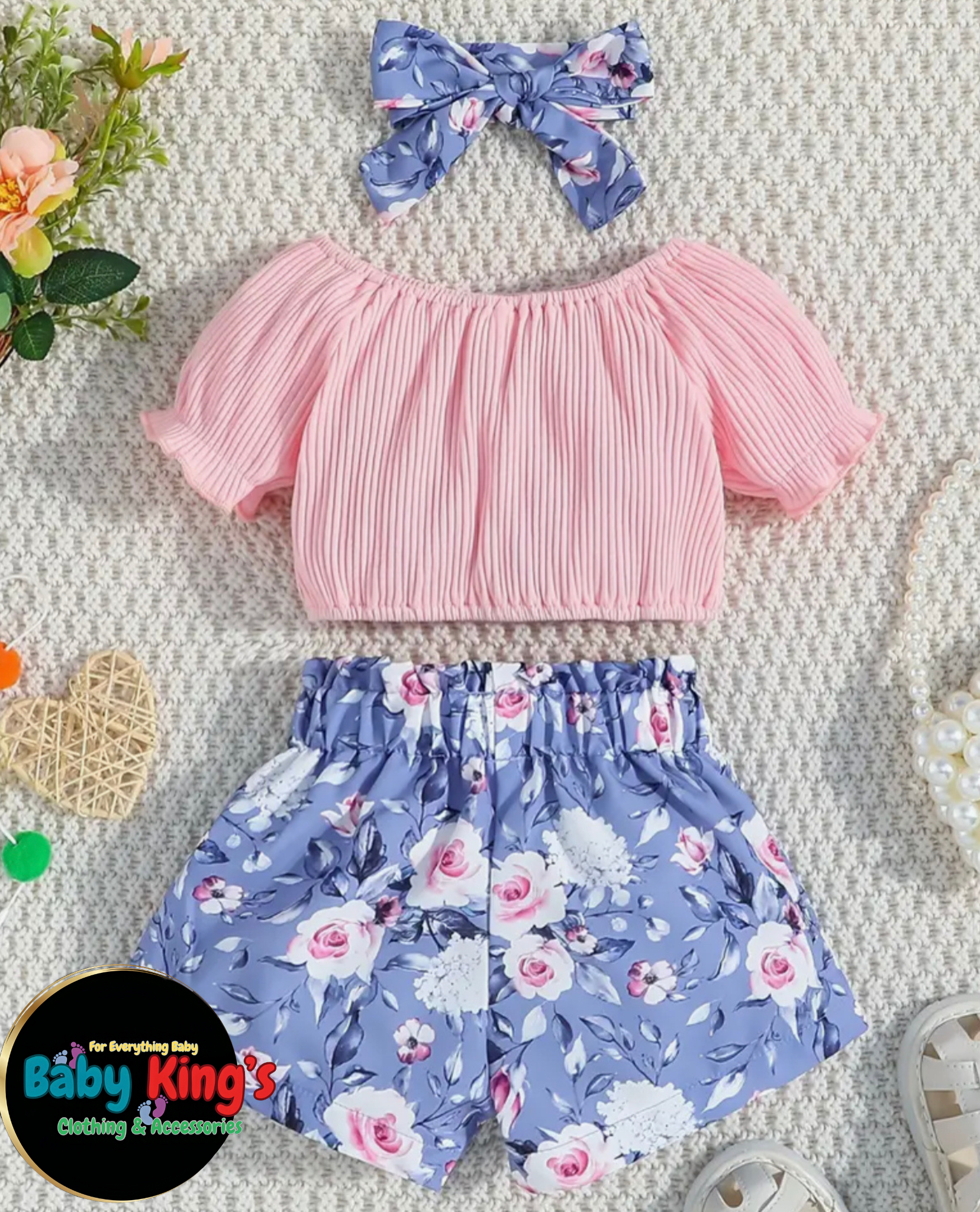 Girl’s 3pcs Puff Short Sleeve Blouse & Floral Shorts w/ Headband Set