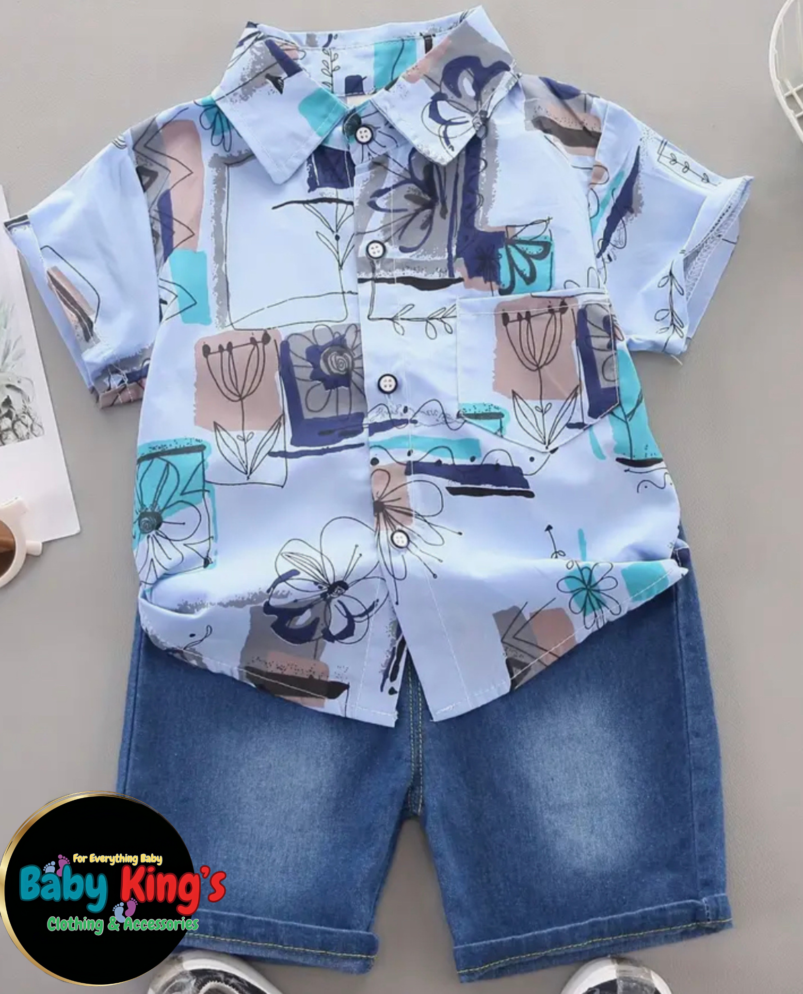 Boys 2pcs Geo Print Short Sleeve & Denim Shorts