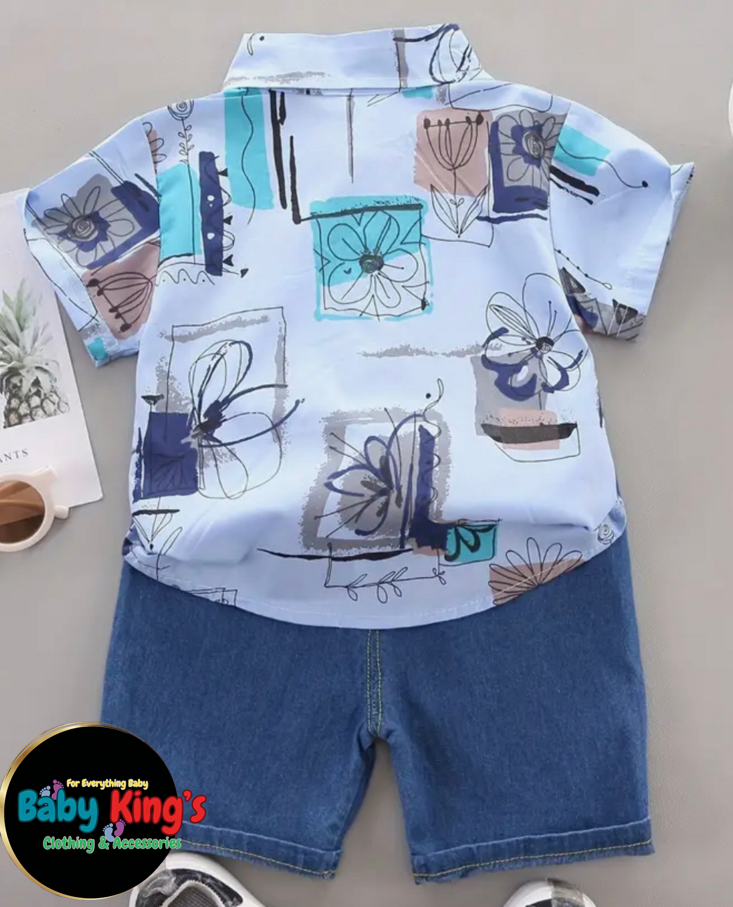 Boys 2pcs Geo Print Short Sleeve & Denim Shorts