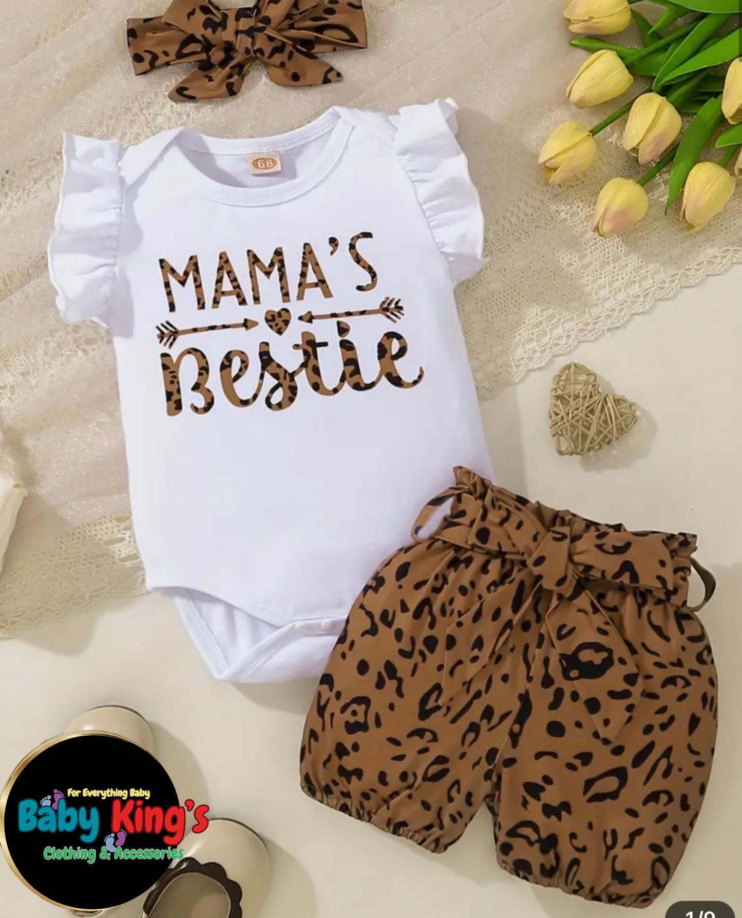 Girl’s 3pcs Mama’s Bestie Fly Sleeve & Leopard Shorts w/ Headband