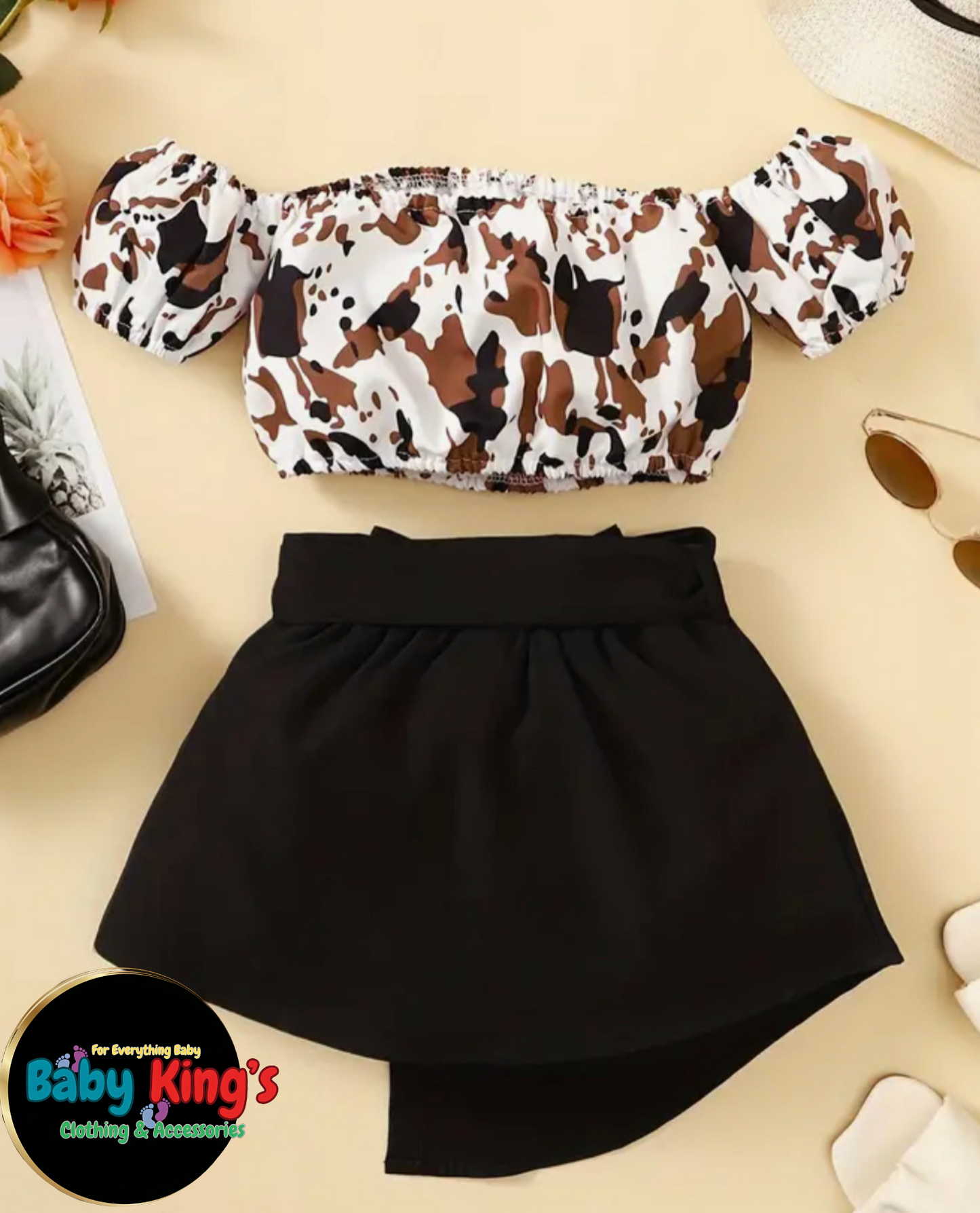 Girls Off-The-Shoulder Camouflage Top & Bow Belted Skirt