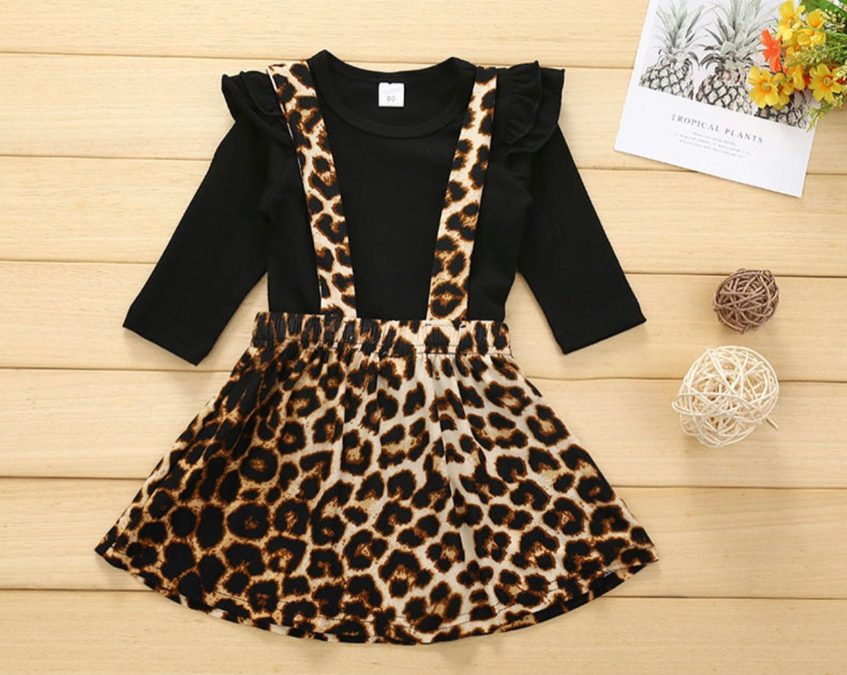 Baby Girls’ Cute 2pcs Leopard Skirt w/ Black Blouse