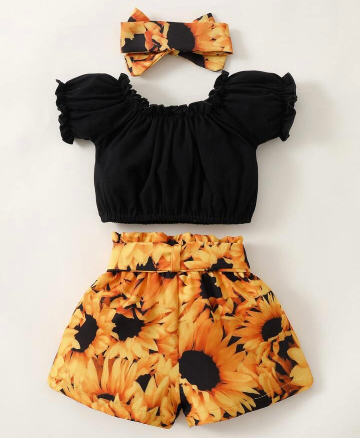 Baby Girls’ 2pcs Black Top and Floral Bottom with Headband and Ribbon Belt