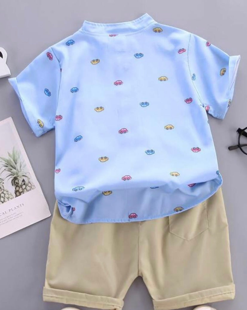 Boys 2Pcs Button Car Printed Shirt with Shorts