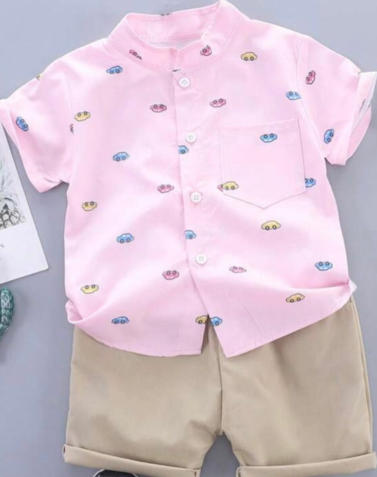 Boys 2Pcs Button Car Printed Shirt with Shorts pink