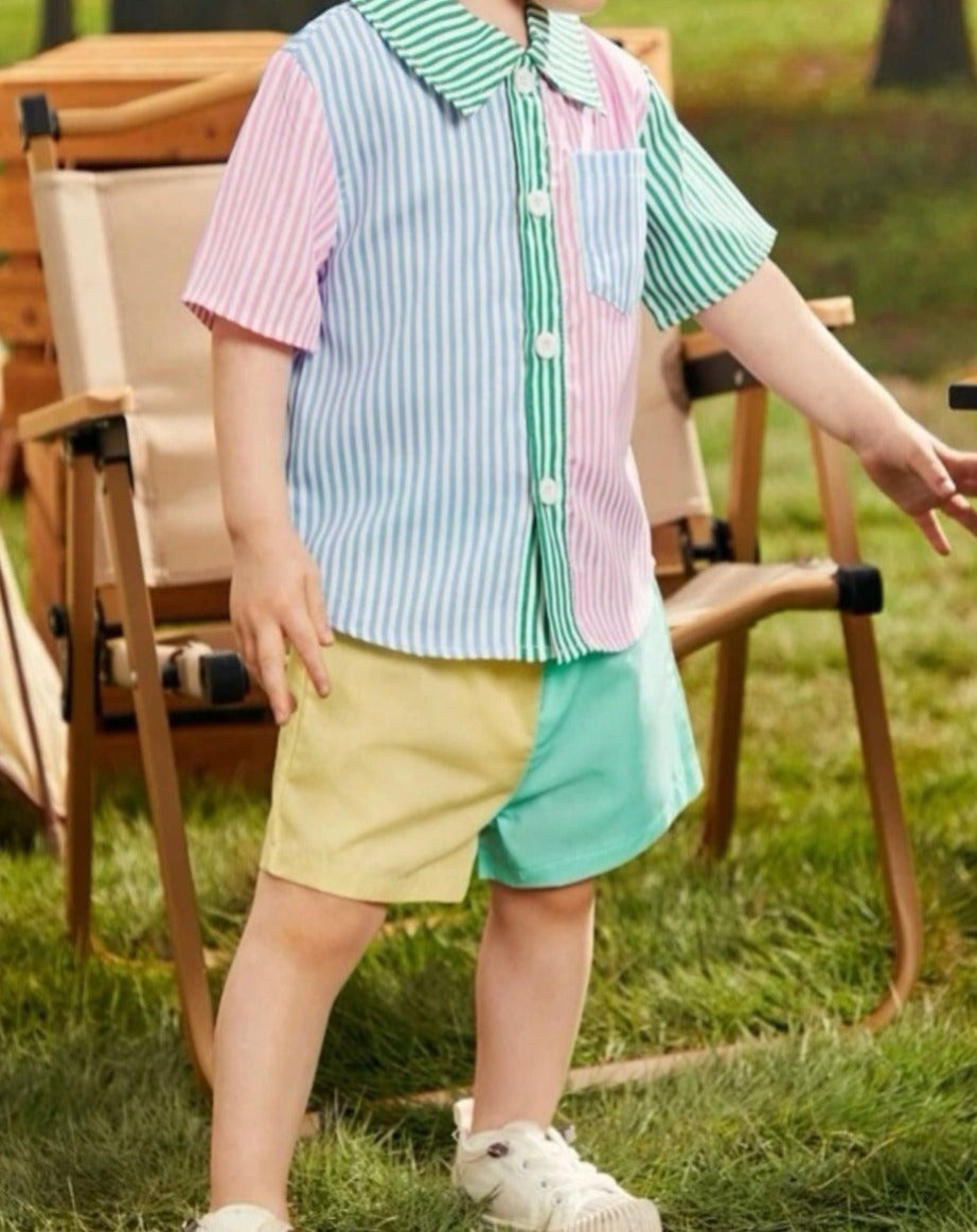 Boys Button Front Striped Active Fashion Shirt & Shorts