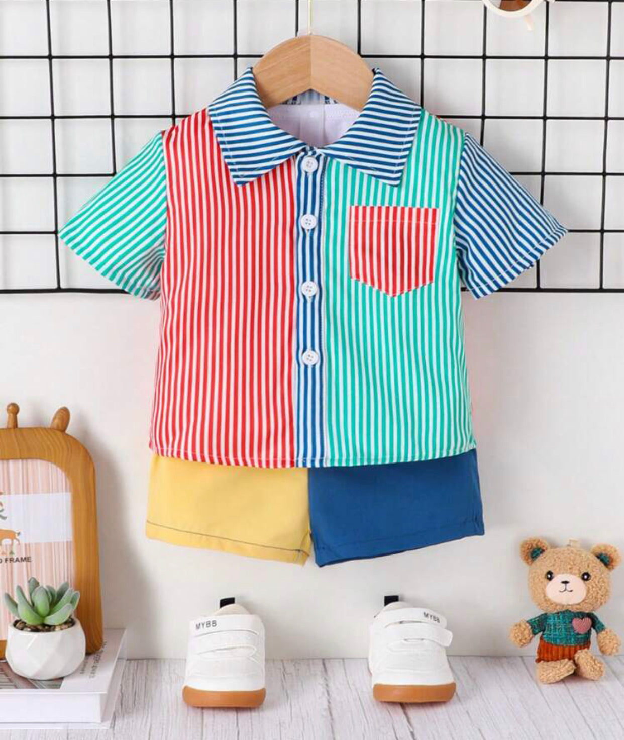 Boys Button Front Striped Active Fashion Shirt & Shorts