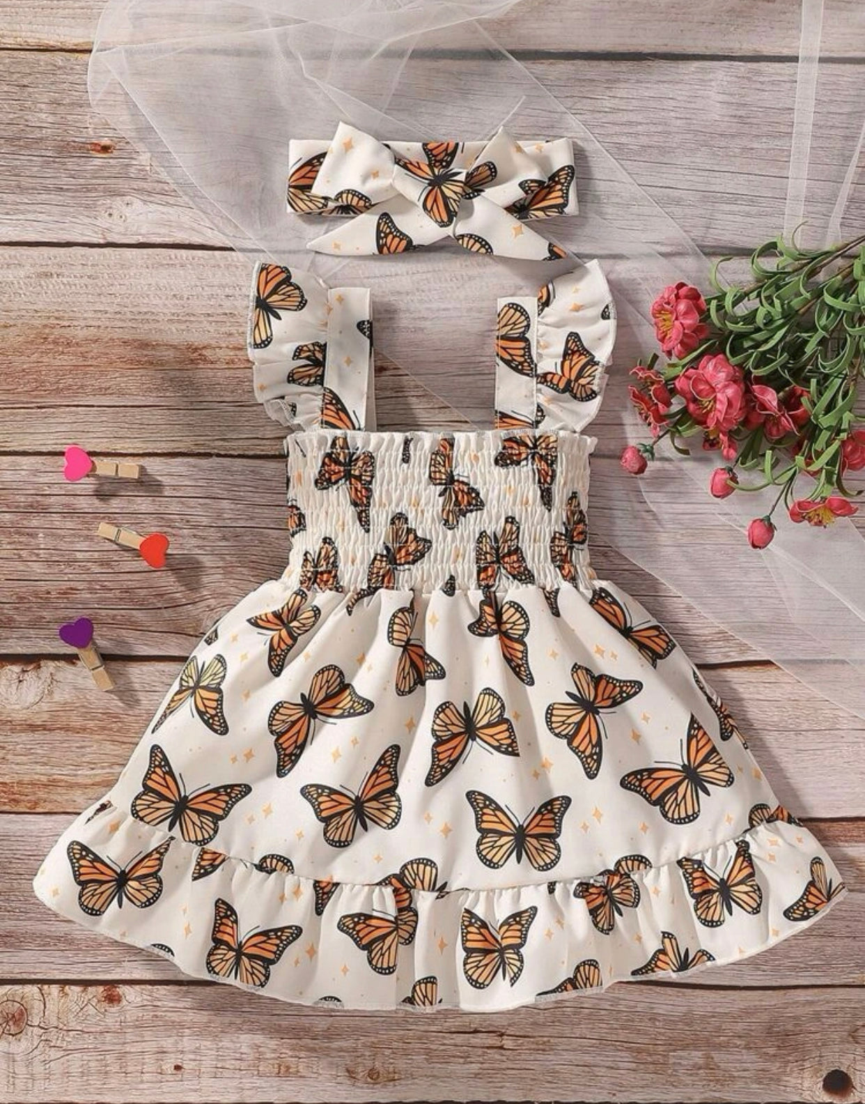 Baby Girls Cami Butterfly Printed Dress With Headband