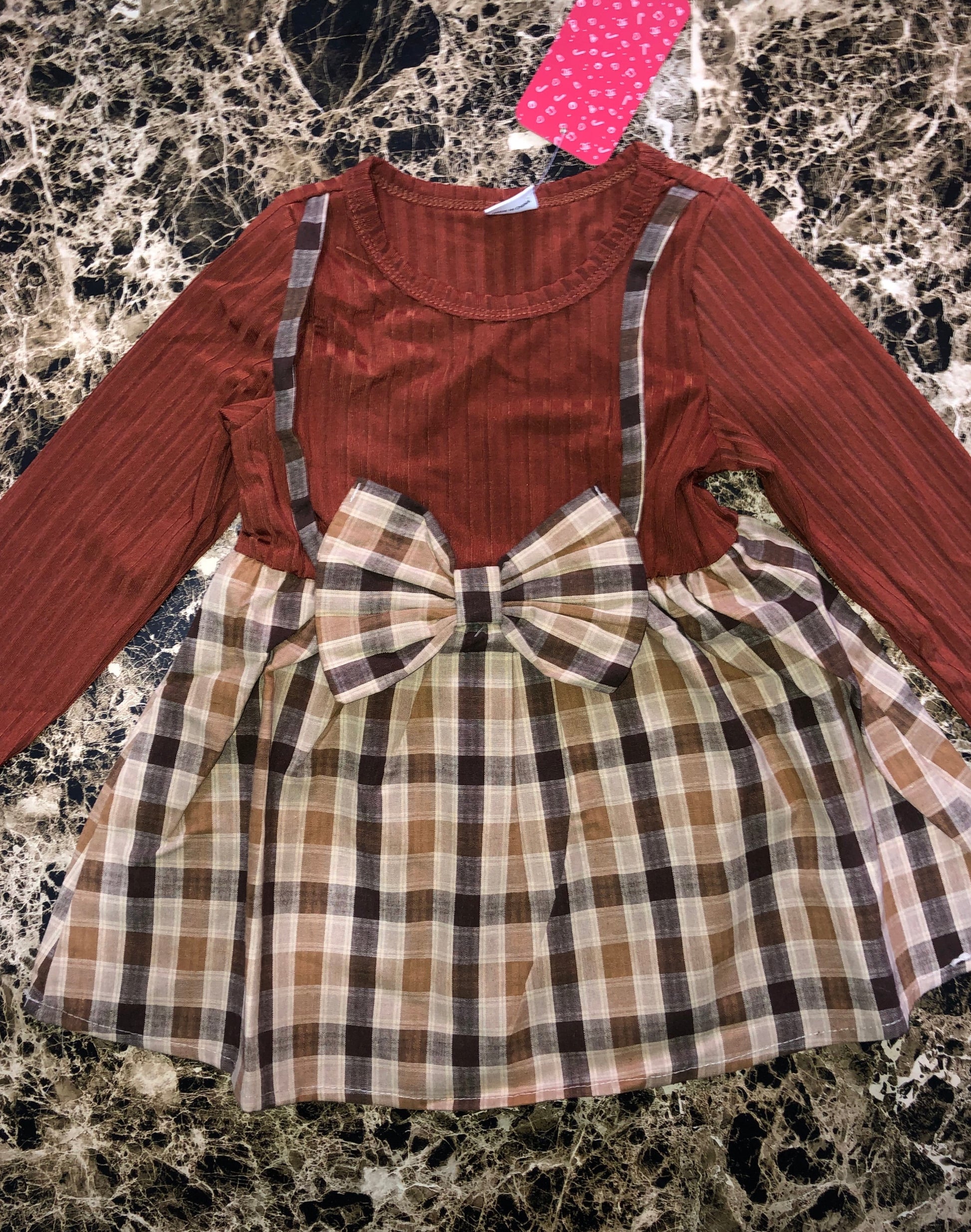 Baby Girl Solid Rib bed Long-Sleeve Splicing Plaid Bowknot Dress