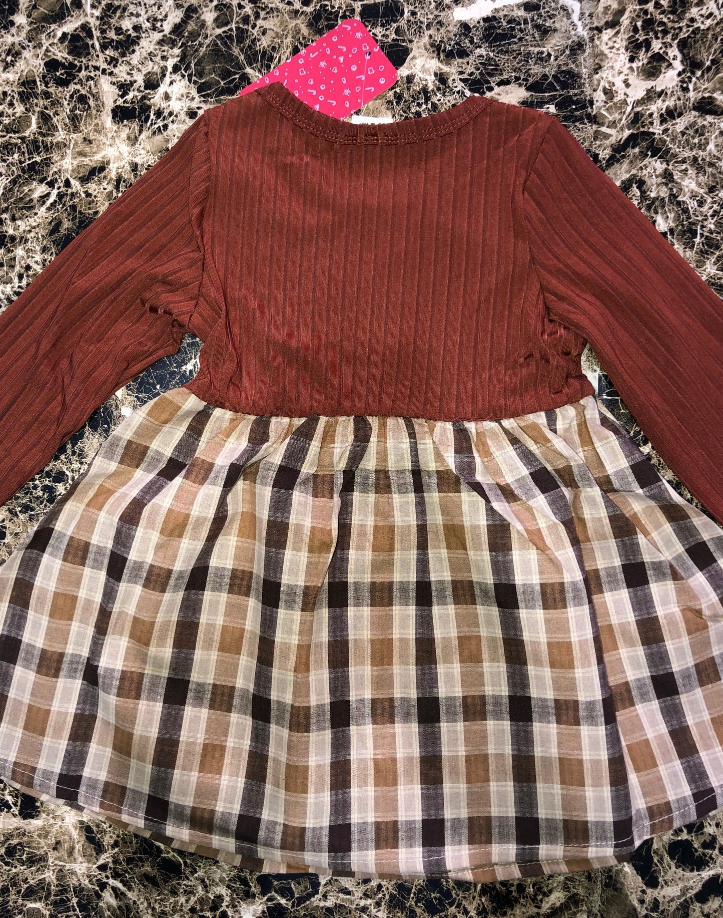 Baby Girl Solid Rib bed Long-Sleeve Splicing Plaid Bowknot Dress